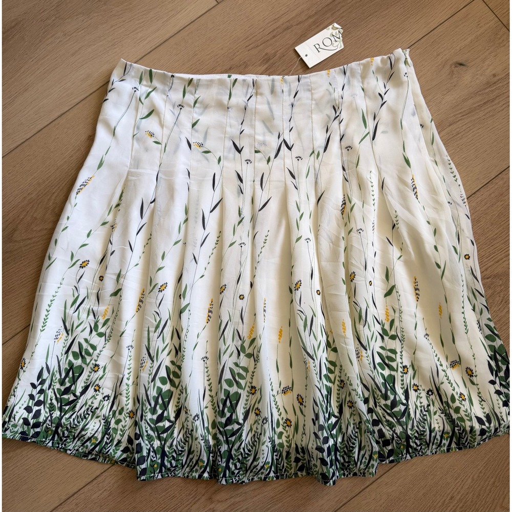 Romy Green White Floral Botanical Pleated Chiffon A-Line Skirt Size L NWT XX